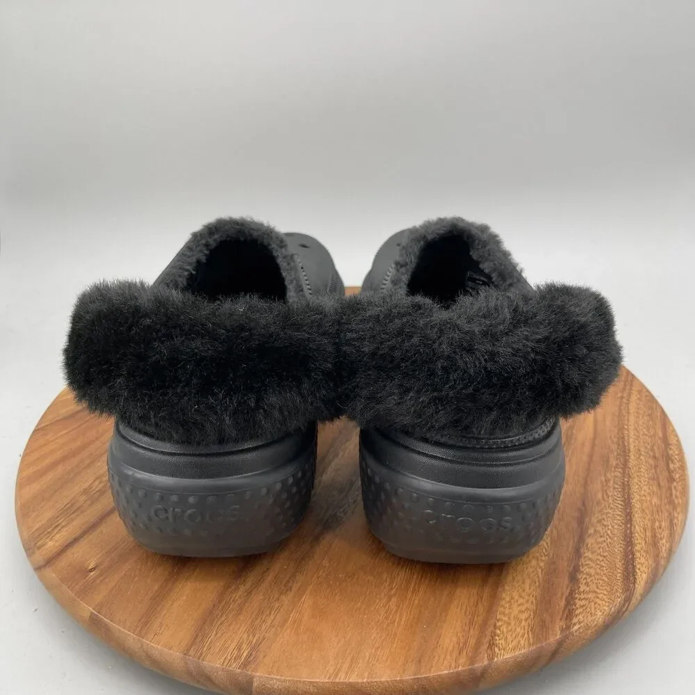 Crocs Stomp Lined Clogs Mens Size 12 Black Faux Fur Lined Casual Platform Shoes